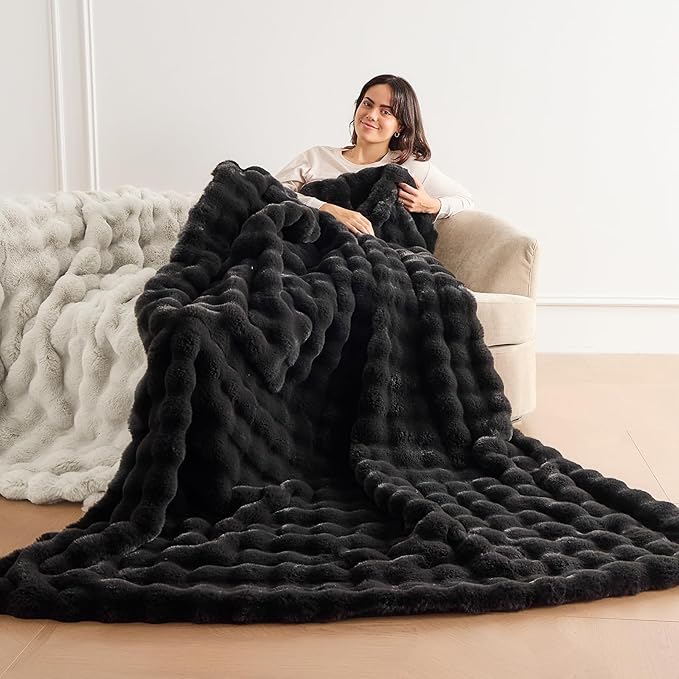 Fluffy Faux Fur Throw Blanket for Couch, Bed & Sofa - Twin Size 60''x80'', Luxury Cozy Plush, Bubble, Warm Decorative Blanket - Black
