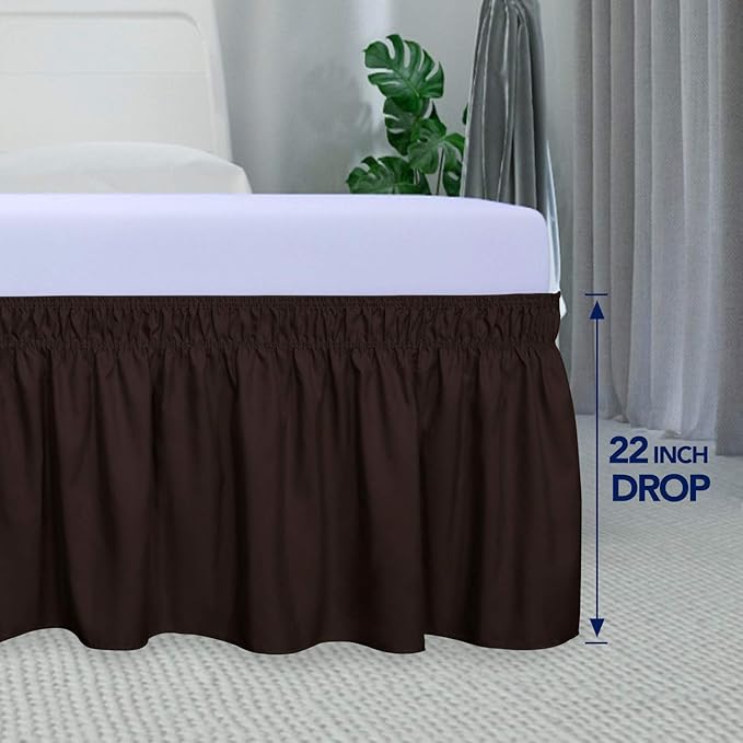 PureFit Wrap Around Ruffled Bed Skirt with Adjustable Elastic Belt - 22 Inch Drop Easy to Put On, Wrinkle Free Bedskirt Dust Ruffles, Bed Frame Cover for Twin,Twin XL and Full Size Beds, Chocolate