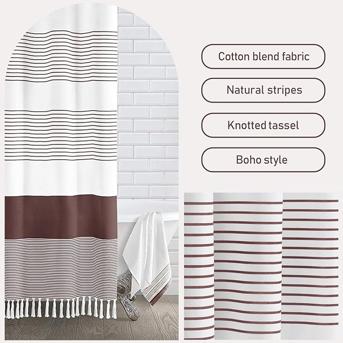 Awellife Boho Dark Brown Shower Curtain for Bathroom Stripe Tassel Shower Curtain 72 X 72 Inches Farmhouse Cotton