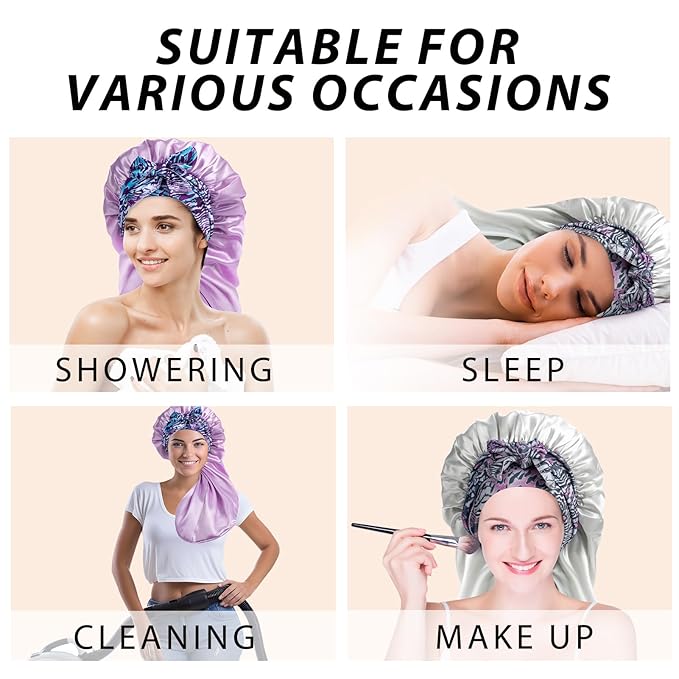 2Pcs Bonnets for Black Women Braid Bonnet, Large Long Satin Silk Bonnet for Braids,Black Women Braid Bonnet with Stretchy Tie Band for Sleeping Extra Long (Green & Light Purple Pattern)
