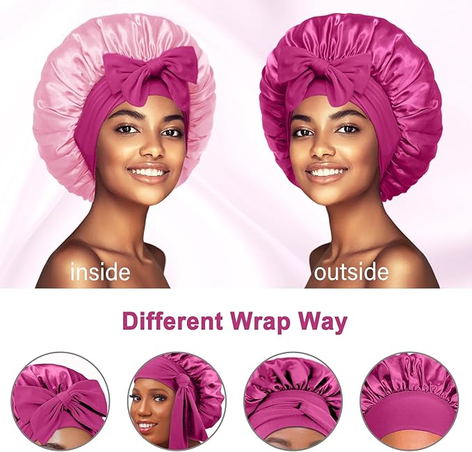 Double Layered Silk Satin Bonnet with Tie for Sleeping Black Women, Wide Band Large Hair Wrap Sleep Cap for Curly Hair Braid