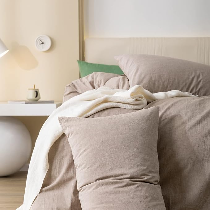 JIYUAN 100% Washed Cotton Duvet Cover Set Comfy Simple Style Soft Breathable Textured Durable Linen Feel Bedding for All Seasons King, Taupey