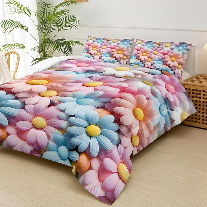 Pink and Blue Floral Comforter Set King，King Size Quilt Bedding Set Pink Floral，3-Piece Comforter Set with 1 Comforter with 2 Pillow Case
