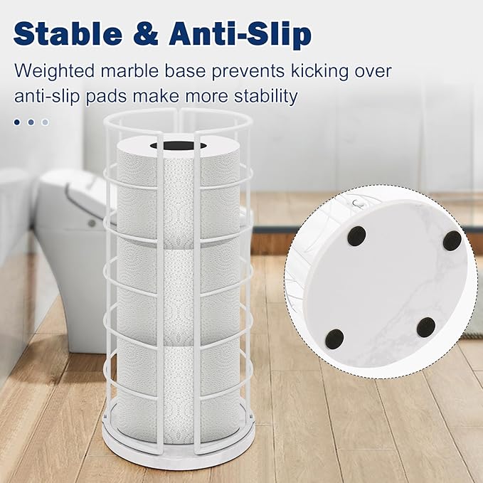 NearMoon Toilet Paper Organizer Stand, Free Standing 3 Rolls Tissue Storage, Metal Bathroom Accessory, Rustproof Toilet Roll Holder for Kitchen Countertop Inside Cabinet Shelf(Marble Base, White)