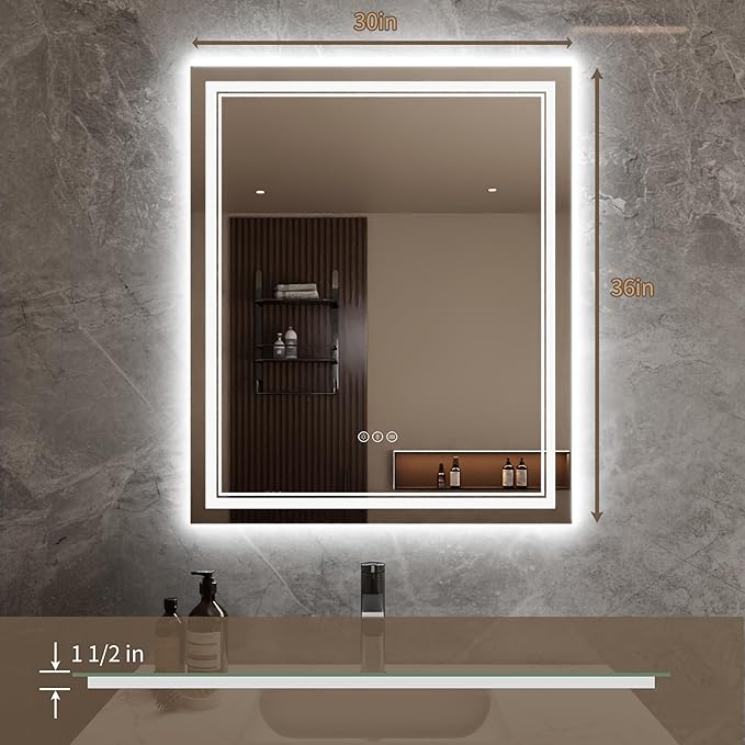 Bathroom Mirror with Lights 30"X36" with Front Light and Backlit, Tempered Glass, Wall Mount Horizontal/Vertical, Stepless Dimmable, 3 Colors, Anti Fog, Bathroom Memory LED Mirror