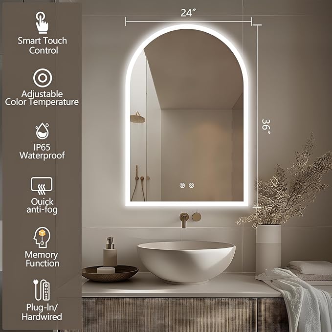 Niccy Arched LED Bathroom Mirror, 36"x24" Arch Frameless Frontlit & Backlit Mirrors for Wall, Arched Lighted Vanity Mirrors with Memory Function for Bathroom Bedroom, Defogger 3 Color, Explosion-Proof