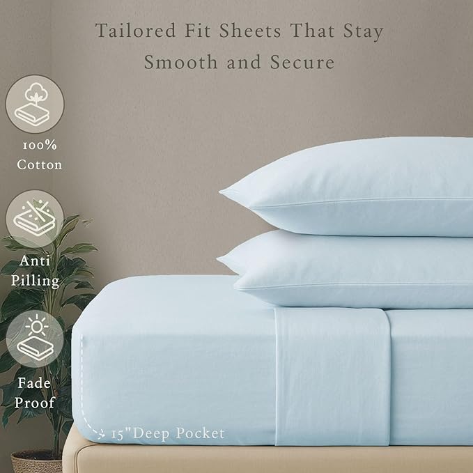 Threadmill Cotton Twin Sheets Set, 5 Star Hotel Quality Bed Sheets, 100% Cotton Sheets, 500 Thread Count, Deep Pocket, Snug Fit for Twin Mattress, Soft & Crisp 3 Piece Sheet Set, Light Blue