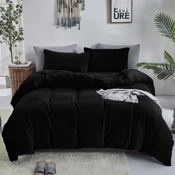 Cottonight Black Velvet Comforter Set King - Flannel Bedding 3 Piece Set, Plush Fluffy Blanket Quilts, Modern Winter Warm Thick Soft Solid Bedding
