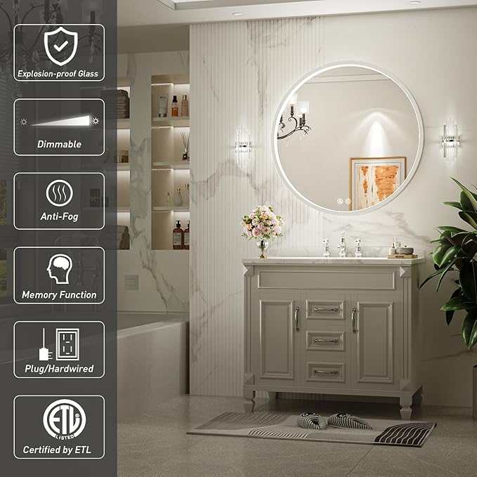 28" Round LED Bathroom Mirror, Dimmable Anti-Fog Vanity Mirror with Touch Control, 6000K Natural Light, Silver Metal Frame, Wall Mounted for Makeup Shaving (IP54, 90+ CRI)