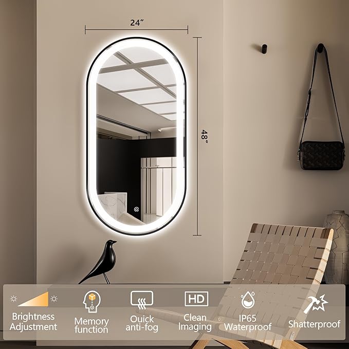 48" x 24" Oval LED Bathroom Mirror with Lights, Black Metal Framed Anti-Fog LED Vanity Mirror, Lighted Bathroom Mirrors Wall Mounted, Stepless Dimmable, Shatter-Proof, Horizontal/Vertical