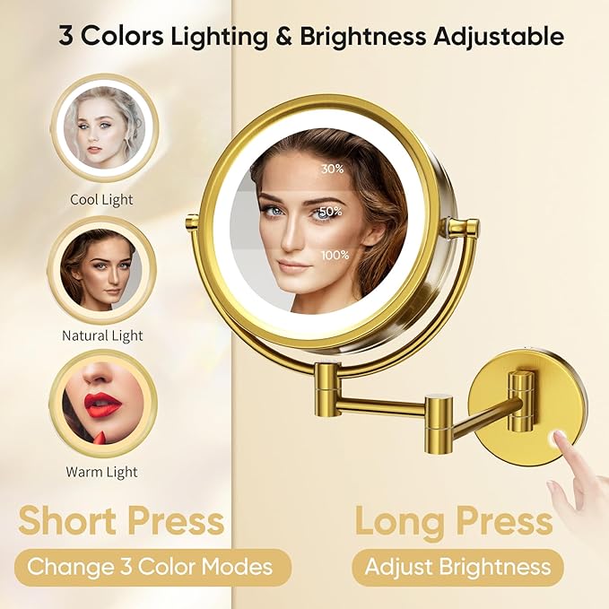 GURUN Wall Mounted Hardwired Makeup Mirror with 3 Tones Dimmable LED Lights 10x Magnifying Mirror with Touch Control for Bathroom Bedroom 13" Extendable Arm M1809DB-GJ Retro Gold