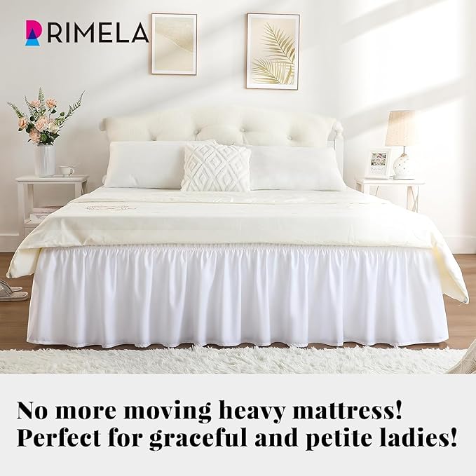 RIMELA Full Size White Bed Skirt 15 Inch Drop, Wrap Around Elastic Bed Skirts Full Size Dust Ruffle, Bedskirt for Adjustable Bed Base Solid Wrinkle and Fade Resistant Silky Fabric Machine Washable