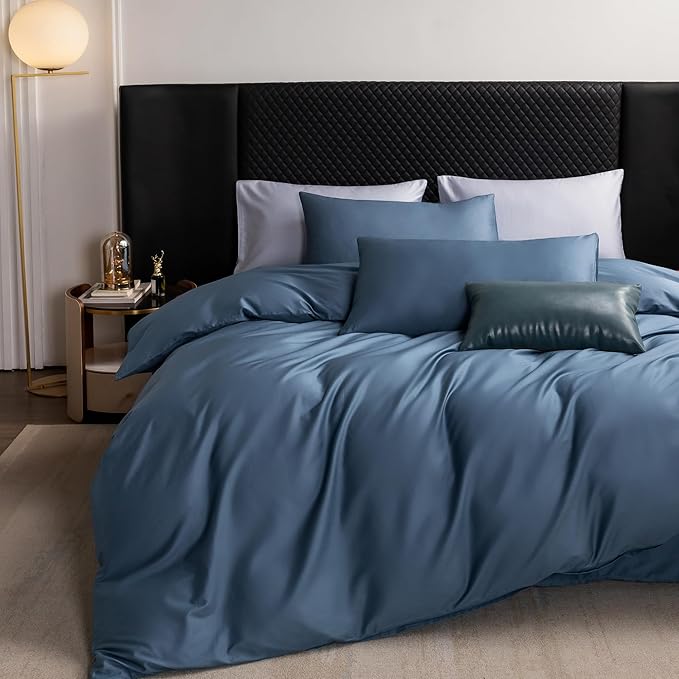 MooMee Queen Duvet Cover Set, 100% Extra Long Staple Cotton 600 Thread Count Sateen Silky Soft Breathable Durable Luxury Hotel Quality Bedding Set, 3 Pieces (Dark Blue, 90"x90")