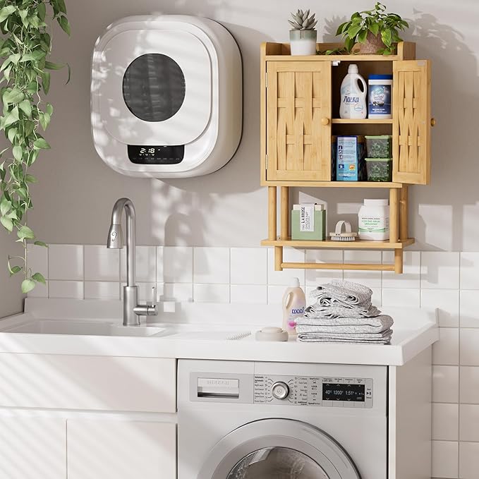 AmazerBath Bathroom Wall Cabinets with Strip Weaving Door, Medicine Cabinets with Towel Bar, Hanging Over Toilet Storage Organizer Cabinet for Small Spaces, Adjustable Shelves, 8.3x16.5x26.6 Inches