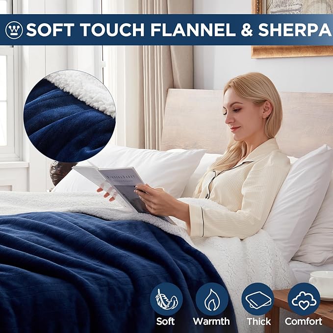 Westinghouse Electric Blanket Queen, Heated Blanket Queen Size with 10 Heating Levels and 1 to 12 Hours Heating Time Settings, Flannel to Sherpa Reversible, Machine Washable (84" x 90", Navy)
