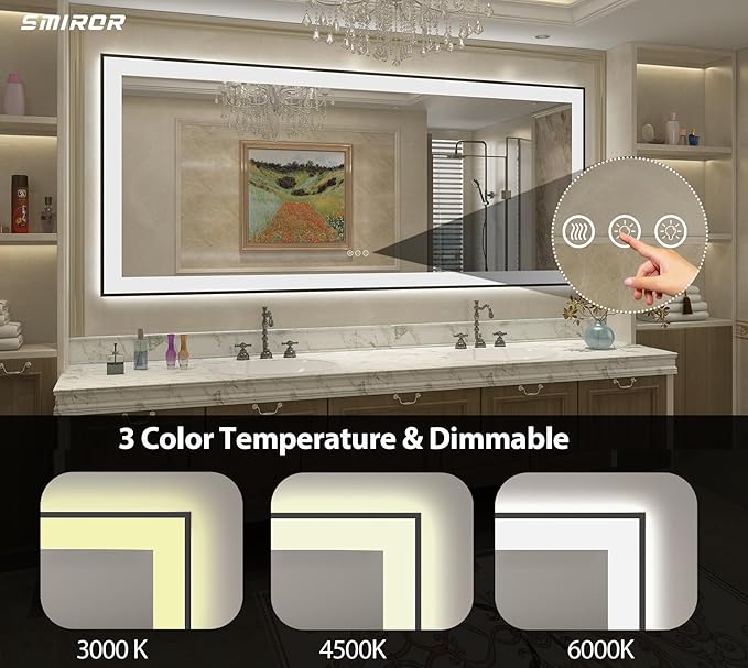 SMIROR 88x38 Black LED Mirror for Bathroom Wall, Big Lighted Vanity Mirrors with LED Lights, Dimmable, Anti-Fog, Memory, Shatterproof, ETL Listed (Backlit and Front Lit)
