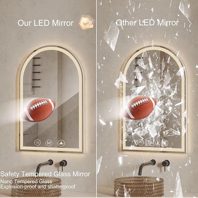 LED Bathroom Mirrors with Lights 24"x36" Arched Mirror for Wall,Led Vanity Mirror, Anti-Fog,LED Mirrors with Front Light and Backlit, Anti-Fog, Dimmable, 3 Color, Shatterproof, Touch Sensor