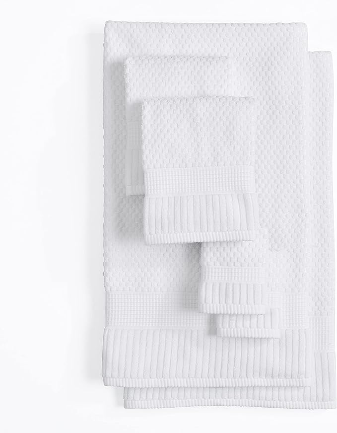 NY Loft 100% Cotton Bath Towel Set | 6 Piece Set - White Towels | Absorbent & Quick-Dry Bath Towels | Textured & Durable Cotton | Trinity Collection - Bright White