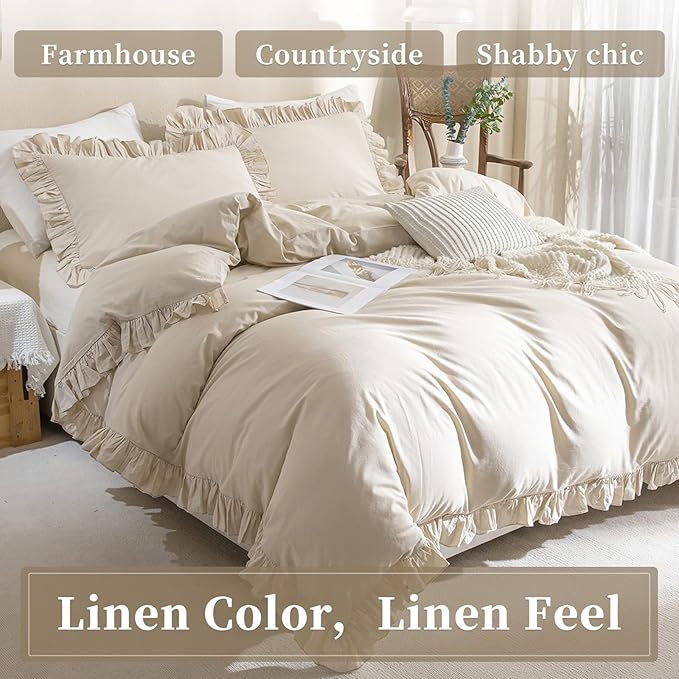 QSH Washed Cotton Queen Duvet Cover Set Ruffle Duvet Cover Linen Textured Farmhouse Shabby Vintage Chic Bedding Comforter Cover 3 Pieces Aesthetic French Country Queen Bed Set