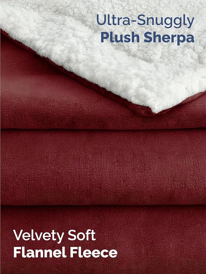 Sherpa Fleece Blanket Throw Size - Reversible Sherpa Fleece Throw Blanket - Super Soft Double Sided for Bed, Sofa, Couch - Thick, Warm, & Plush - Luxurious Bedding for Winter - Burgundy, 50" x 60"