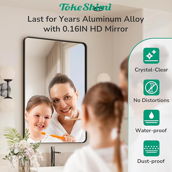 TokeShimi 48x24 Matte Black Bathroom Mirror for Over Sink,Bathroom Mirror Rectangle with Tempered Glass,Vanity Mirror with Seamless Aluminum Frame(Horizontal/Vertical)