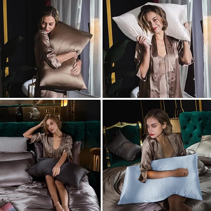 Silk Pillowcase 2 Pack, Mulberry Silk Pillow Cases Queen Size Set of 2, Anti Acne Silk Pillowcase for Hair and Skin, Natural Silk Satin Pillowcases Gifts for Women 2 Pack with Hidden Zipper, Ash Blue