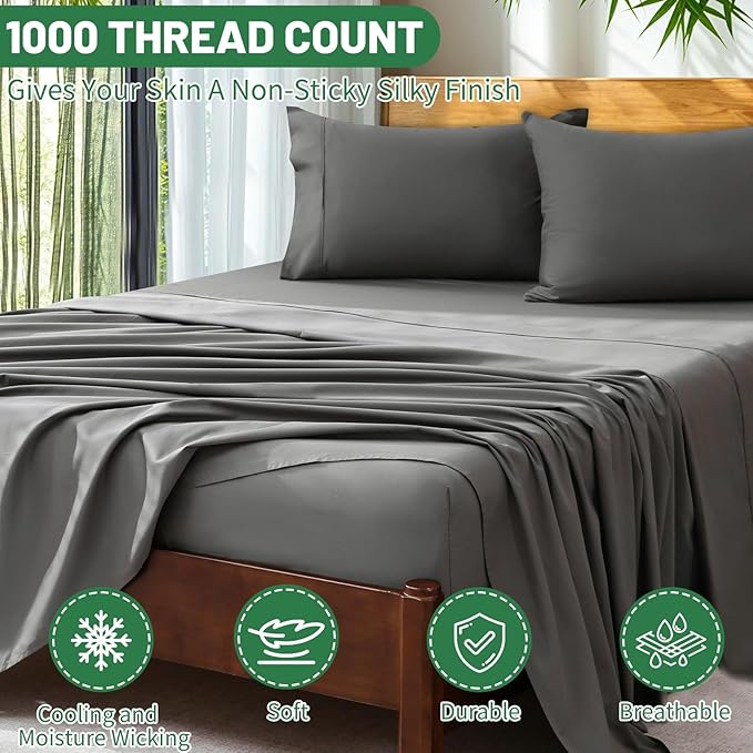Extra Deep Pocket King Sheets 18-24 Inch 1000 Thread Count 100% Egyptian Cotton Sateen Weave Soft Breathable 4 Pieces（King，Dark Grey）