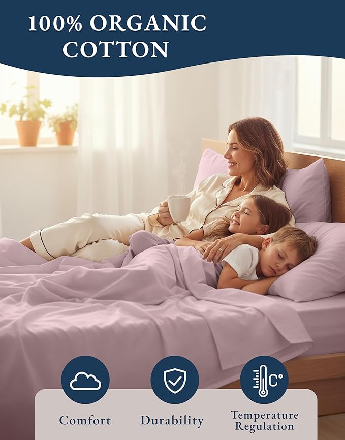 LANE LINEN Eco Friendly 100% Organic Cotton Sheets Queen Size, Mercerized Cotton Fully Elasticized Reinforced Seams Low Pill Fade Resistant Hotel Luxury Bed Sheets Set- Dusty Rose