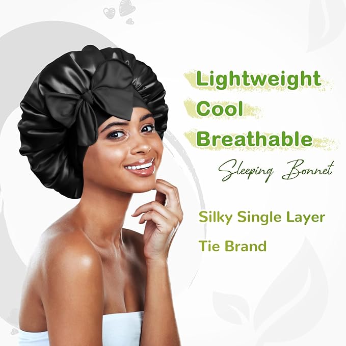 BONNET QUEEN Silk Bonnet for Sleeping Women Satin Bonnet Night Sleep Cap Hair Wrap for All Hair with Adjustable Tie Band,Black