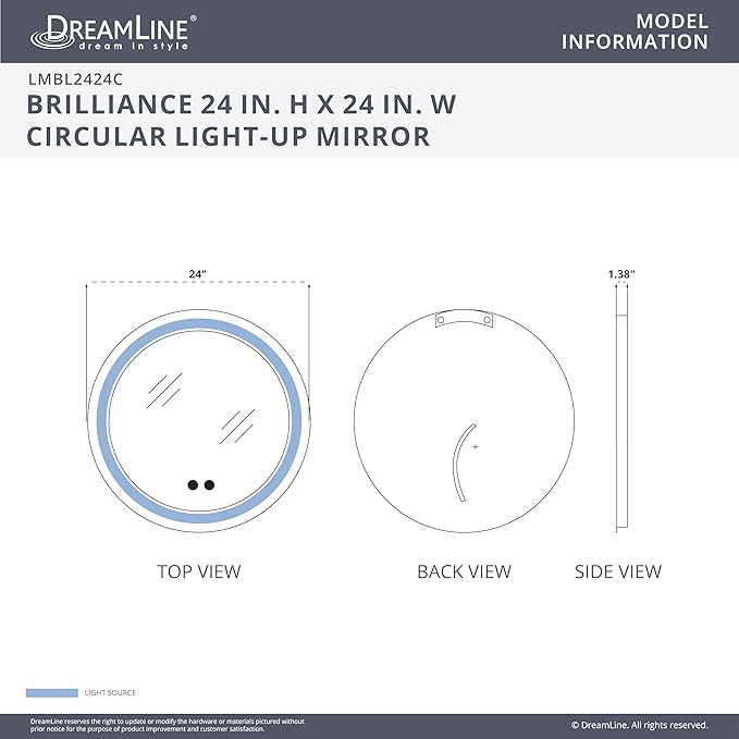 DreamLine Brilliance 24 in. H x 24 in. W Circular Light-up Mirror, Brushed Brass