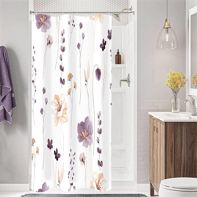 Gibelle Small Stall Shower Curtain 36 x 72, Narrow Half Watercolor Floral Fabric Shower Curtain, Plum Beige Flower Decorative Bathroom Shower Curtain Set with Hooks