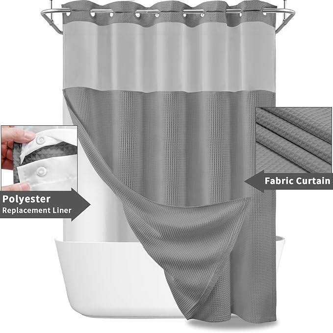 YellyHommy No Hook Shower Curtain and Liner Set Less Time Dark Grey Waffle Cotton Hotel Shower Curtain with Snap in Liner 72" Wx 75" L