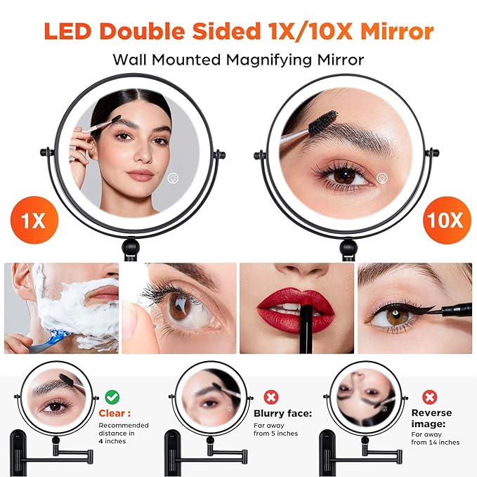 Wall Mounted Lighted Makeup Mirror, 8'' Double Sided 1X/10X Magnifying Rechargeable Vanity Mirror with Lights, 3 Color Lights Height Adjustable 360° Rotation Bathroom Mirror with Hook