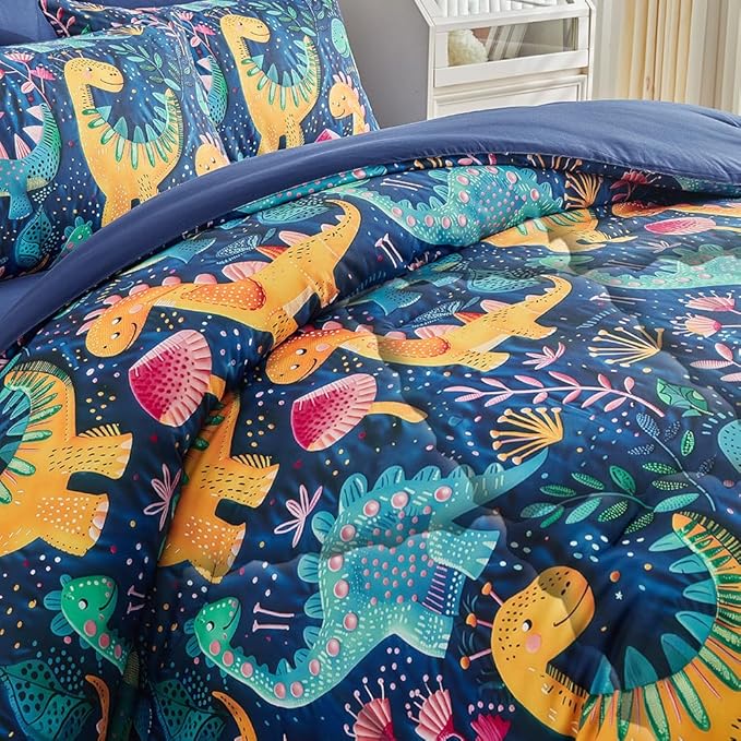 Wajade 7 Piece Dinosaur Comforter Set for Boys 3D Blue Dinosaur Print Bedding Set for Kids Teens Bed in A Bag Full Size (1 Comforter, 1 Flat Sheet, 1 Fitted Sheet, 2 Pillowcase and 2 Pillow Sham)