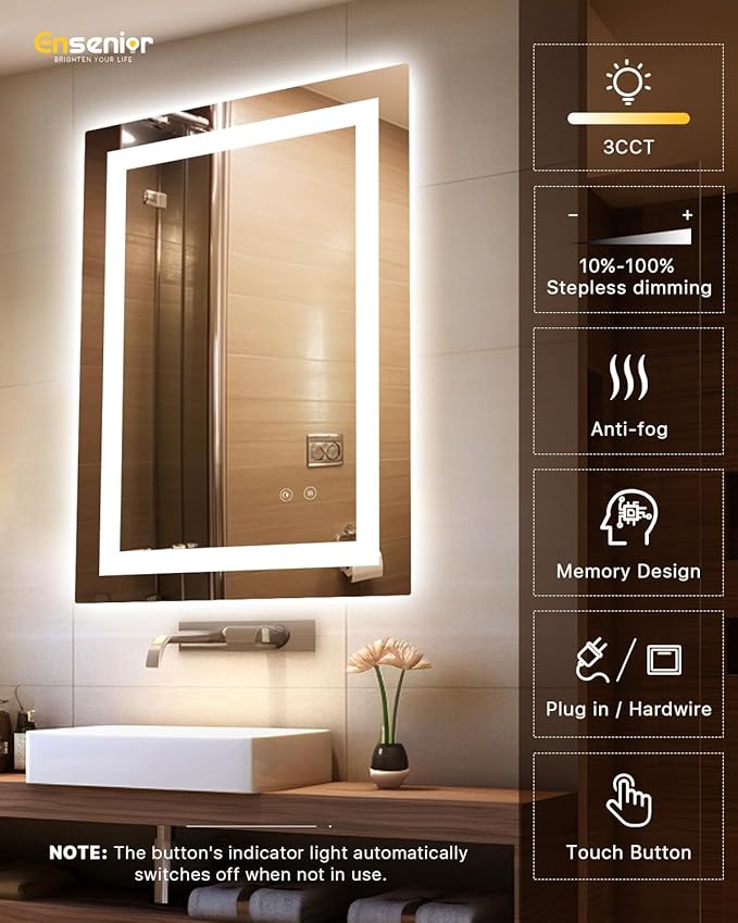 Ensenior LED Bathroom Mirror 24"x 32" with Front and Backlight, Stepless Dimmable Wall Mirrors with Anti-Fog, Shatter-Proof, Memory, 3 Colors, Modern LED Vanity Mirror-ETL & FCC