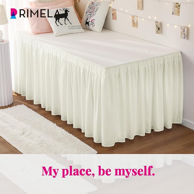 RIMELA Dorm Bed Skirt Twin XL 46 Inch Drop, Easy to Install Extra Long Wrap Around Elastic Dust Ruffle, Ivory White Bedskirt Solid Silky Fabric (Twin XL 80“L x 39”W & Twin 75“L x 39”W)