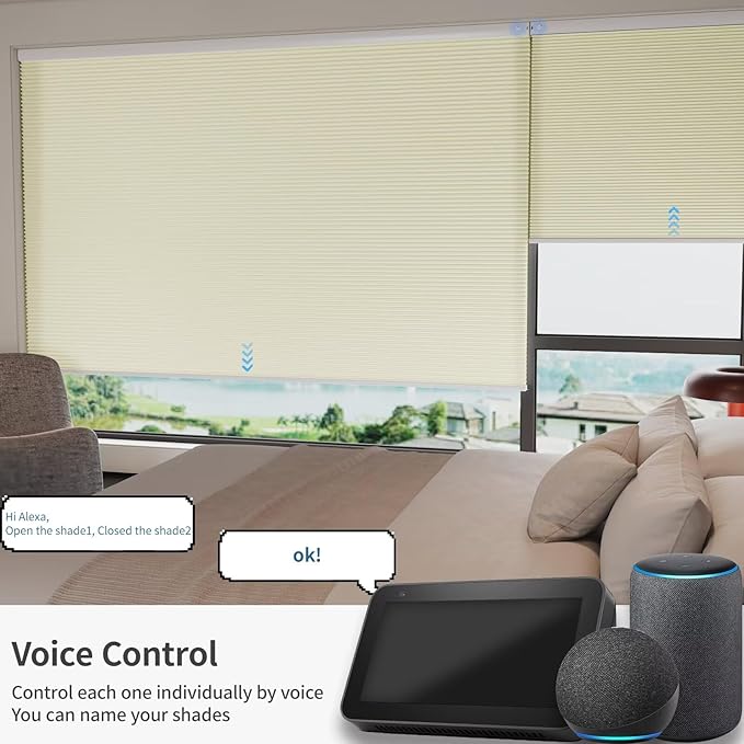 MYshade Motorized Cellular Shades - Smart Blinds Compatible with Alexa/Google Home/SmartThings,Light Filtering Rechargeable Cordless Honeycomb Blinds, Custom-Size Auto Shades for Windows (Beige)