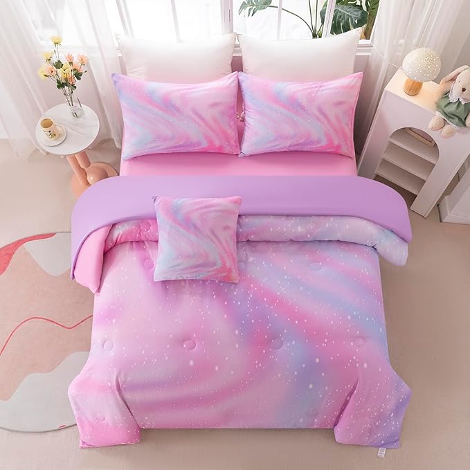4Pcs Rainbow King Comforter Set Girls Kids, Pink Kids Bedding Sets King Size Stars Glitter Soft & Breathable Kids Bed for Gift Bedroom Decor