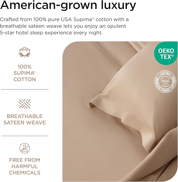 Threadmill Supima Cotton Sheets, 1000 Thread Count Soft 100% Cotton Sheets for Cal King Size Bed, 4 Pc Beige Cal King Bed Sheet Set, 5-Star Hotel Quality, Elasticized Deep Pocket Cal King Sheet