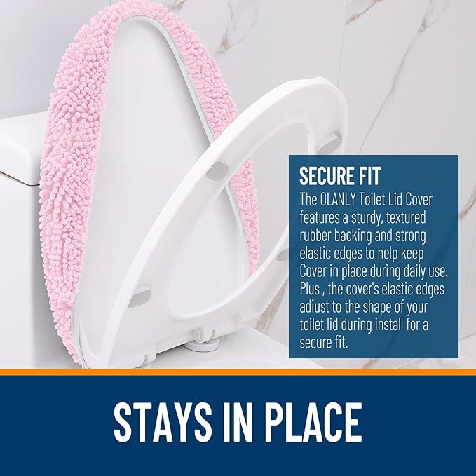 OLANLY Soft Chenille Bathroom Toilet Lid Cover, Machine Washable Seat Covers, 17.5x15, Stays in Place Rubber Backing, Fits Most Round, Elongated and Oblong Lids, Accessories Decor, Pink