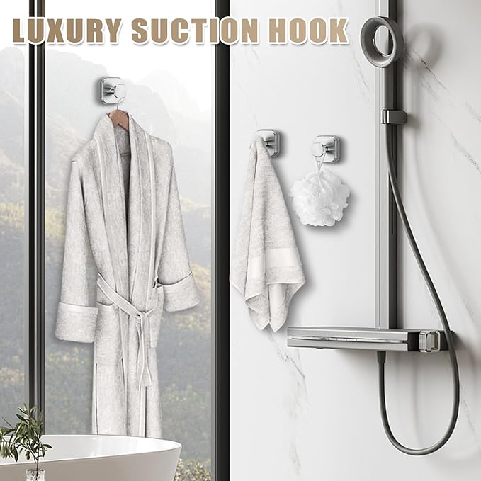 Suction Cup Hooks for Shower - Resuable Bathroom Hooks for Towels, Robes & Loofah - No-Drill Mounting on Kitchen,Walls,Metal,Glass,Mirrors,Tile & Smooth Non-Porous Surfaces (4, Brushed Nickel)