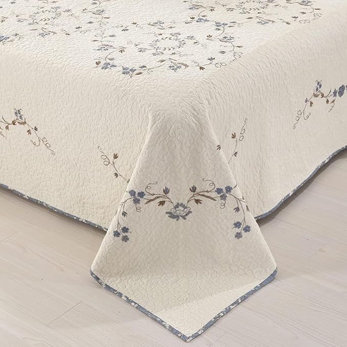 vctops 3-Piece 100% Cotton Bedspread Coverlet Set King Size Elegant Floral Embroidered Reversible Patchwork 1 Quilt and 2 Pillow Shams (Flower B,King)
