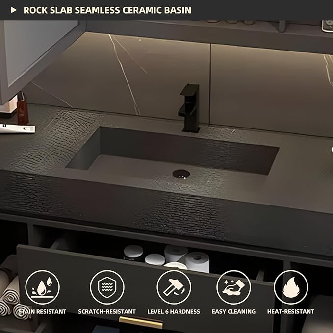 60" Floating Bathroom Vanity with Single Sink, Solid Wood Bathroom Vanity Includes LED Smart Defogging Mirror Cabinet & One-Piece Sink, Modern Vanities with Soft-Close Drawer Storage (Black)