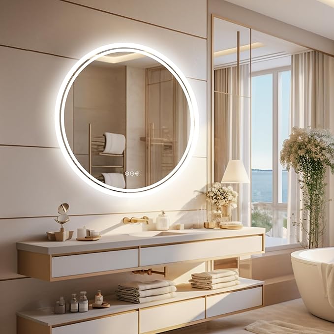 LUVODI Lighted LED Bathroom Mirror: 24”Round Wall Mounted Large Lighted Makeup Mirror with Bright Back Lit - Illuminated Dimmable 3 Colors Vanity Mirrors with Demister Pad Smart Touch Switch