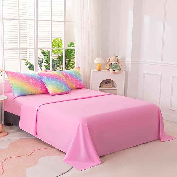 6Pcs Twin Size Comforter Set for Girls Kids, Gradient Rainbow Glitter Girls Bedding Set with Sheets, Soft & Breathable Kids Bed for Gift Bedroom Decor
