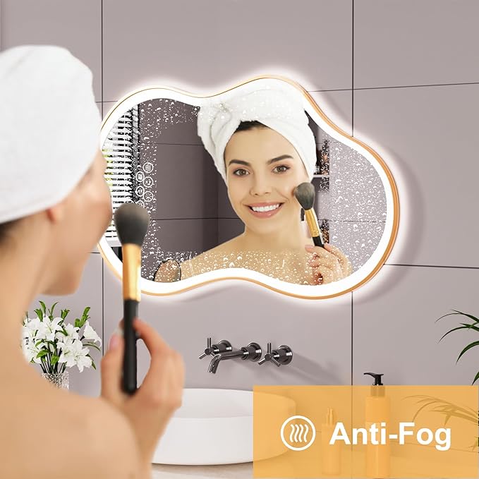 WTTY LED Irregular Bathroom Mirror 20x36 Inch with Front & Back Lights - Asymmetrical Design, Anti-Fog, Dimmable 3 Color Temperatures, Shatterproof Glass, Horizontal or Vertical Mount (Gold Frame)