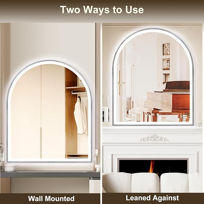 Arched LED Mirror for Bathroom 30"x36", Brushed Nickel LED Bathroom Mirror with Lights-Fogless, Dimmable, 3 Color Changing, Touch Sensor
