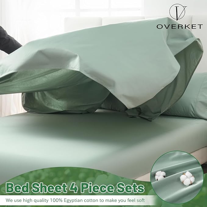 100% Egyptian Cotton Sheets King Size 1000 Thread Count Sateen Weave Soft Breathable 16-Inch Deep Pocket 4PCS（King,Sage Green）