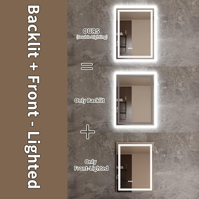 Bathroom Mirror with Lights 24"X32" with Front Light and Backlit, Tempered Glass, Wall Mount Horizontal/Vertical, Stepless Dimmable, 3 Colors, Anti Fog, Bathroom Memory LED Mirror