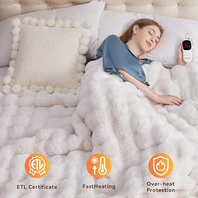 Heated Blanket Queen Size with 1/2/4/6/8 Hours Auto-Off 10 Heat Level, 72'' * 84'' Cozy Faux Rabbit Fur Bubble Electric Blanket with Overheat Protection(White)